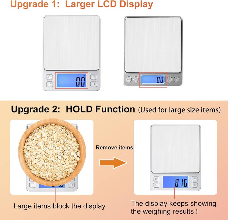 BOMATA Upgraded Small Food Scale, 0.1 g/0.001 oz High Precision, 3000 g/6.6 lb, with New Hold Function and Larger Display, USB Rechargeable, Digital Kitchen Scale for Small Item, Jewelry. Sliver - Image 2